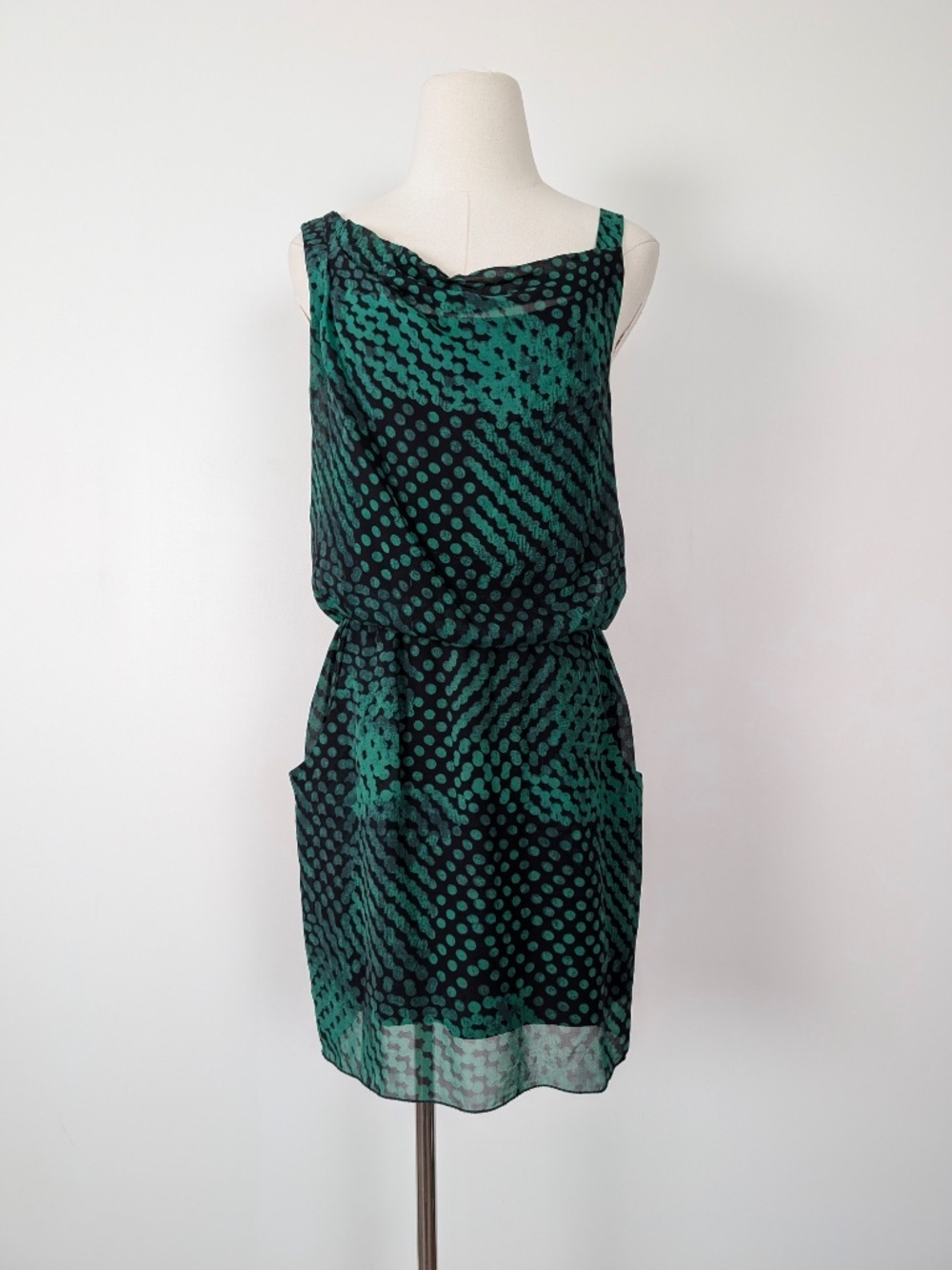 Theory Jaylyn Blurred Green Mini Dress Drop Waist Draped Size 2 - Picture 5 of 13